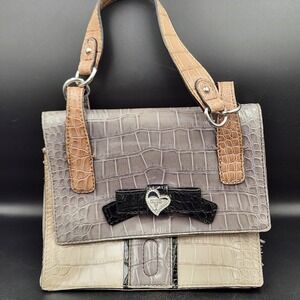 Y2K GUESS Satchel Bag Faux Croc Color Block Taupe‎ Beige Black w/ Bow Charm